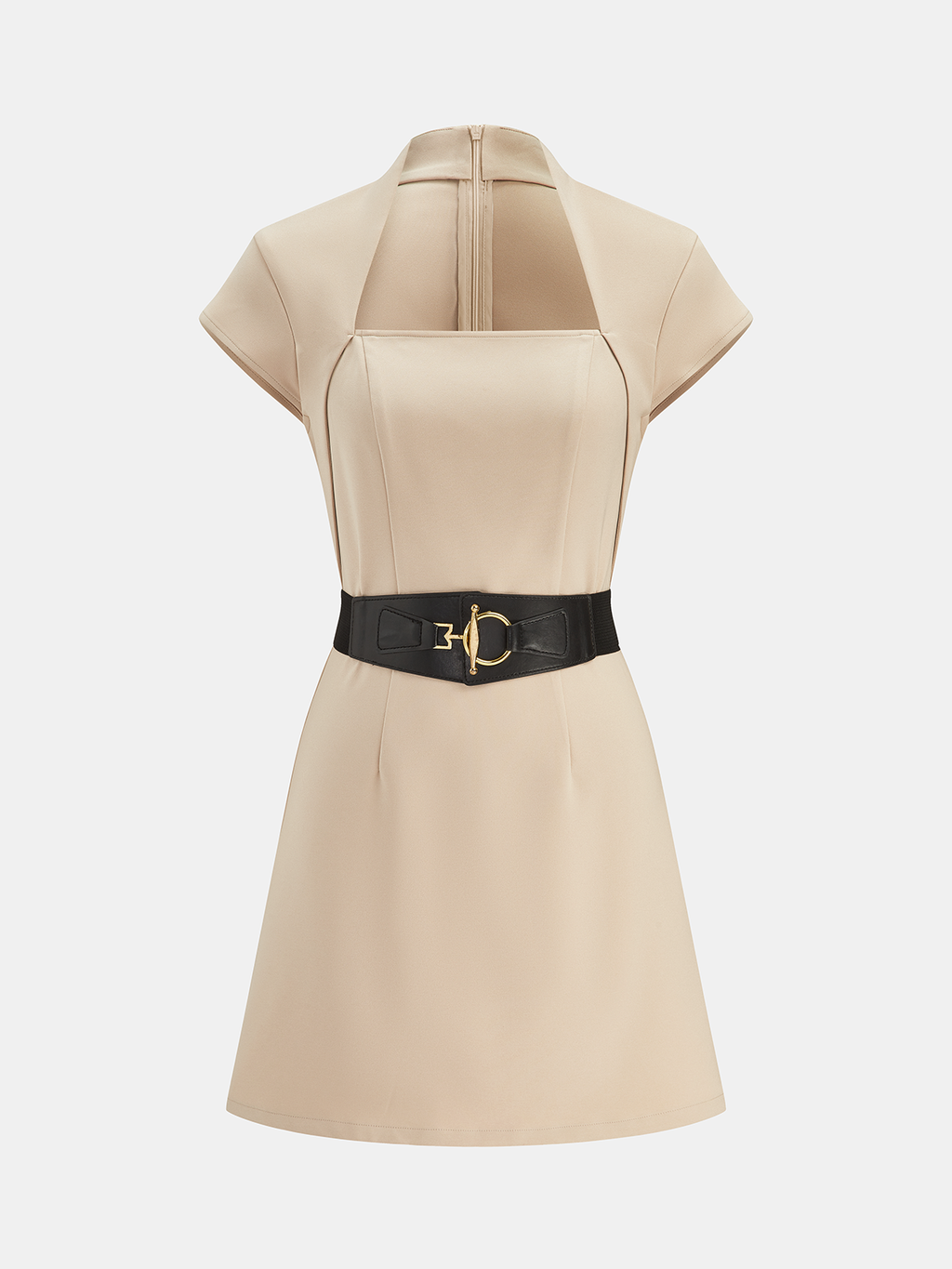 Minikleid mit eckigem Ausschnitt, kurzen Ärmeln und Gürtel
