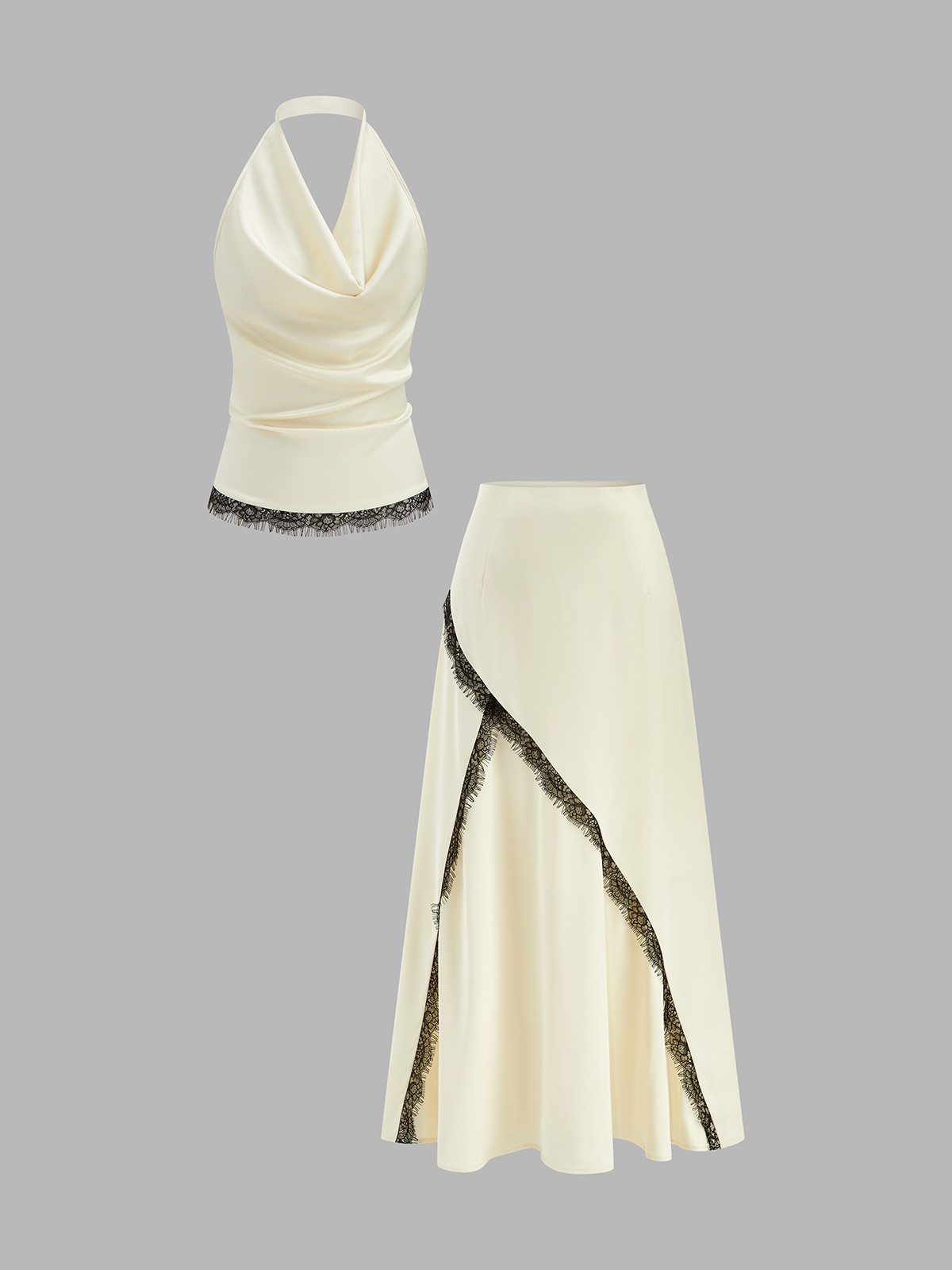 Set aus Satin-Top mit Spitzenbesatz und U-Boot-Ausschnitt und Meerjungfrauenrock
