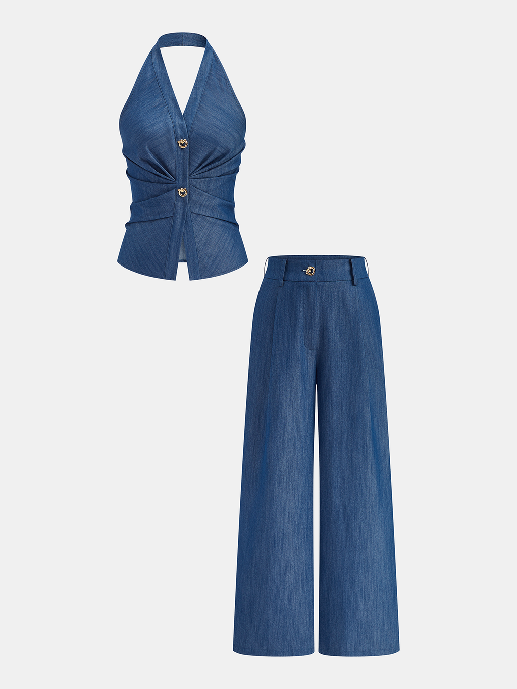 Faux-Denim Neckholder-Oberteil mit Raffungen und Hose Set
