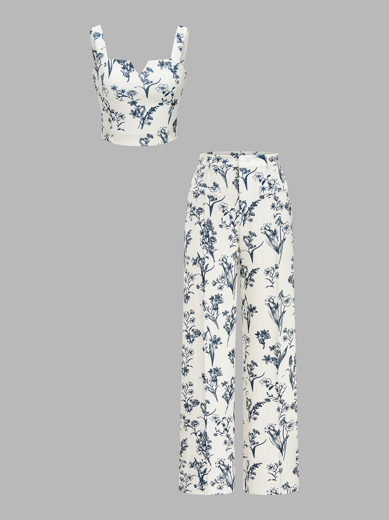 Floral Print Crop Cami Top & Wide Leg Pants Set