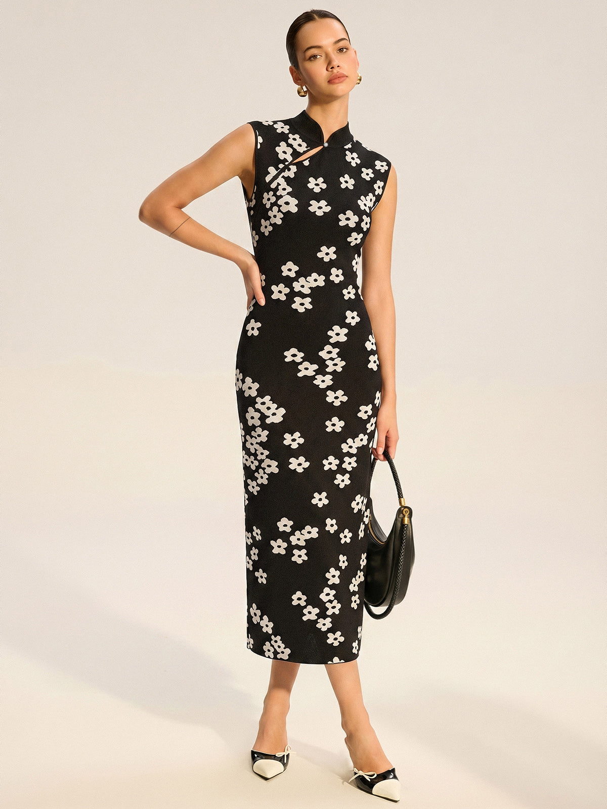 Robe midi sans manches en maille imprimée florale