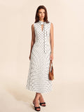 Polka Dot Sleeveless Pleated Dress with Neck Tie