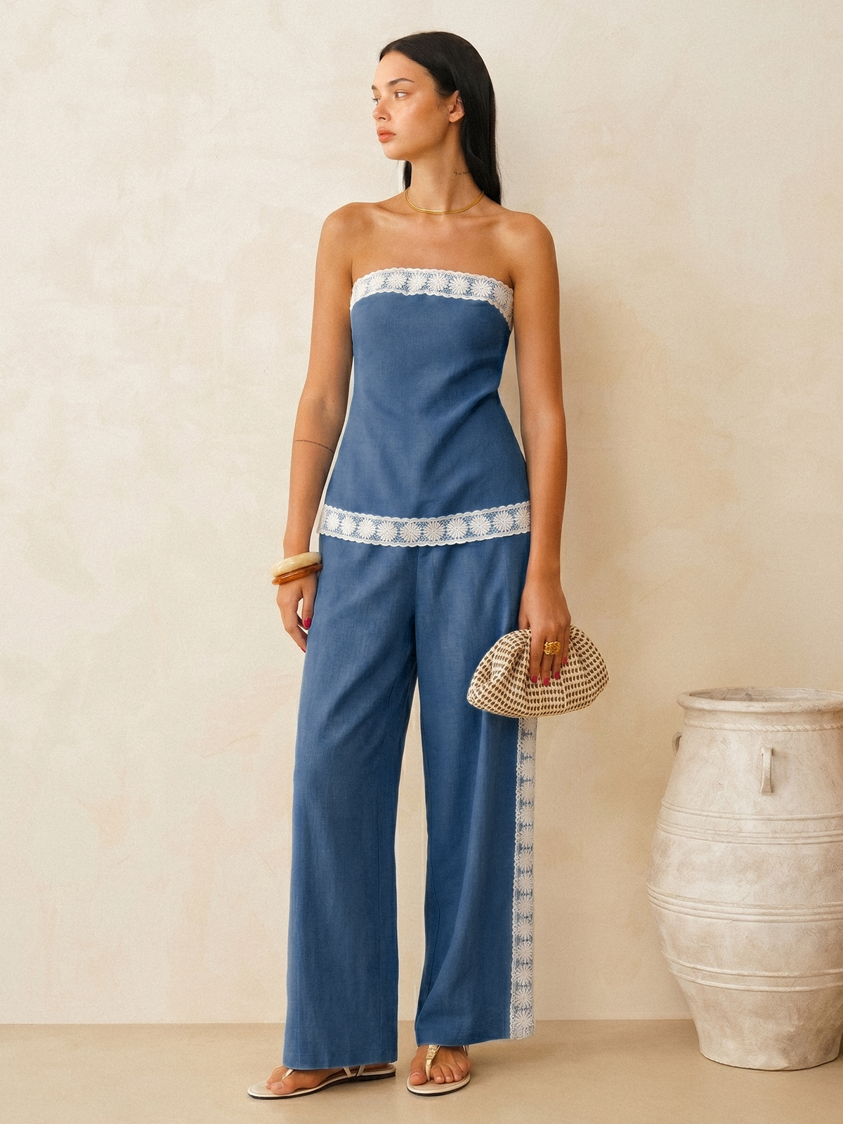 Set aus Oberteil und Hose aus Leinenmischung mit Spitzenbesatz