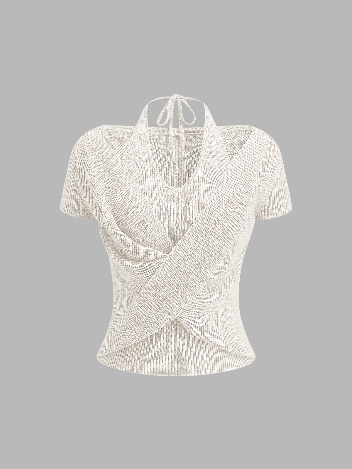Neckholder-Wickel-Strick-Top mit kurzen Ärmeln