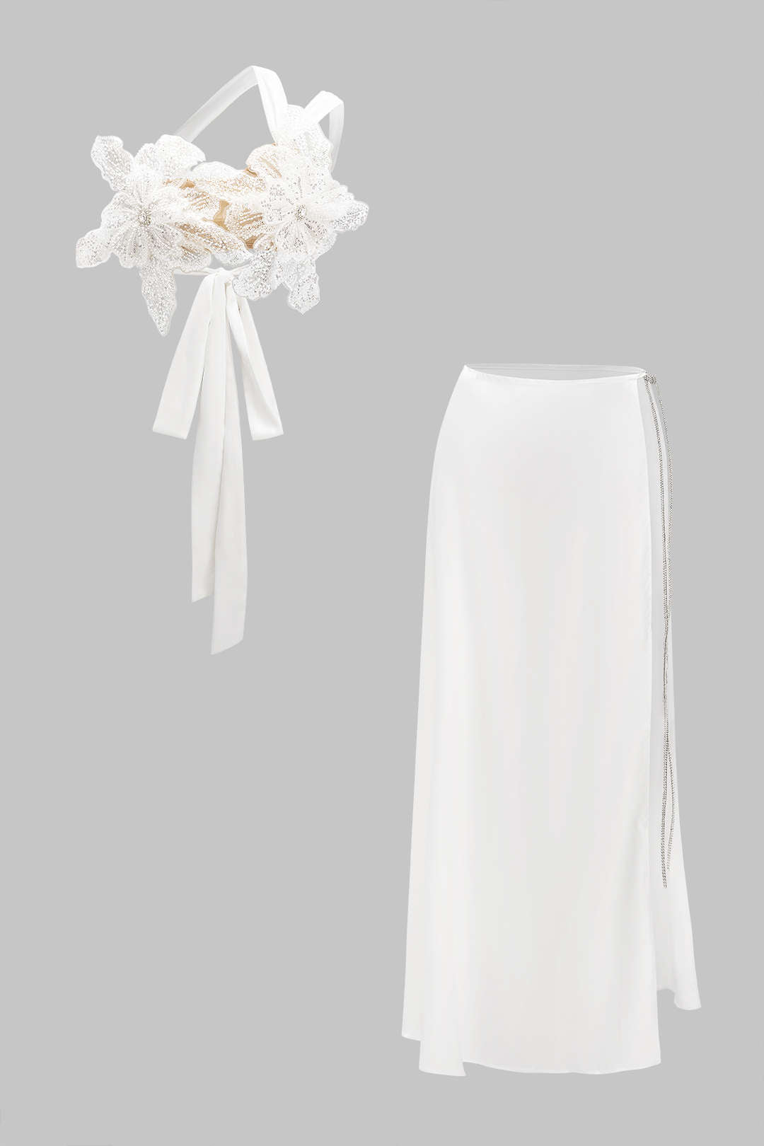 Satin Sequin Bead Tie Back Backless Top And Tie Knot Slit Skirt Set
